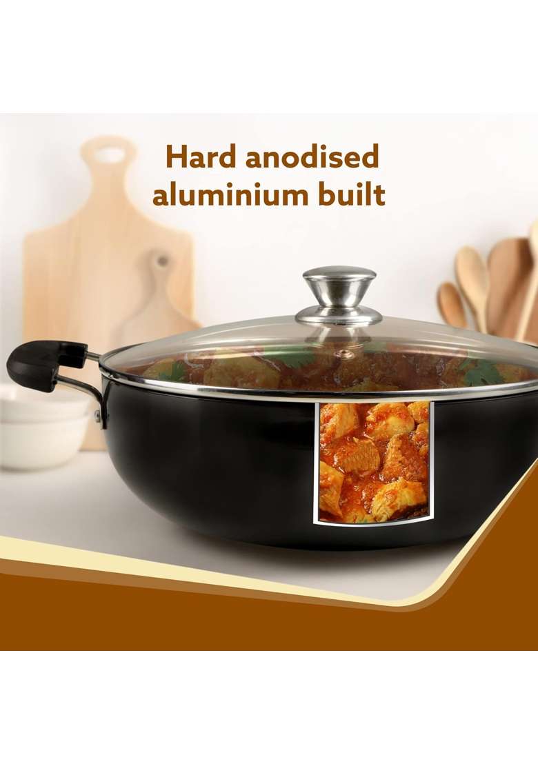AGARO Elite Hard Anodised Kadhai Wok with Glass Lid | 2.5 L | 2.6 Qt | 24 cm | 9.4 Inch - Indya