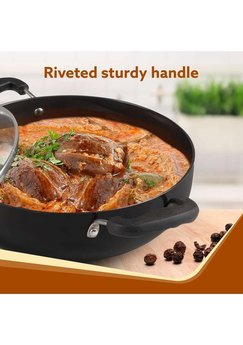 AGARO Elite Hard Anodised Kadhai Wok with Glass Lid | 2.5 L | 2.6 Qt | 24 cm | 9.4 Inch - Indya