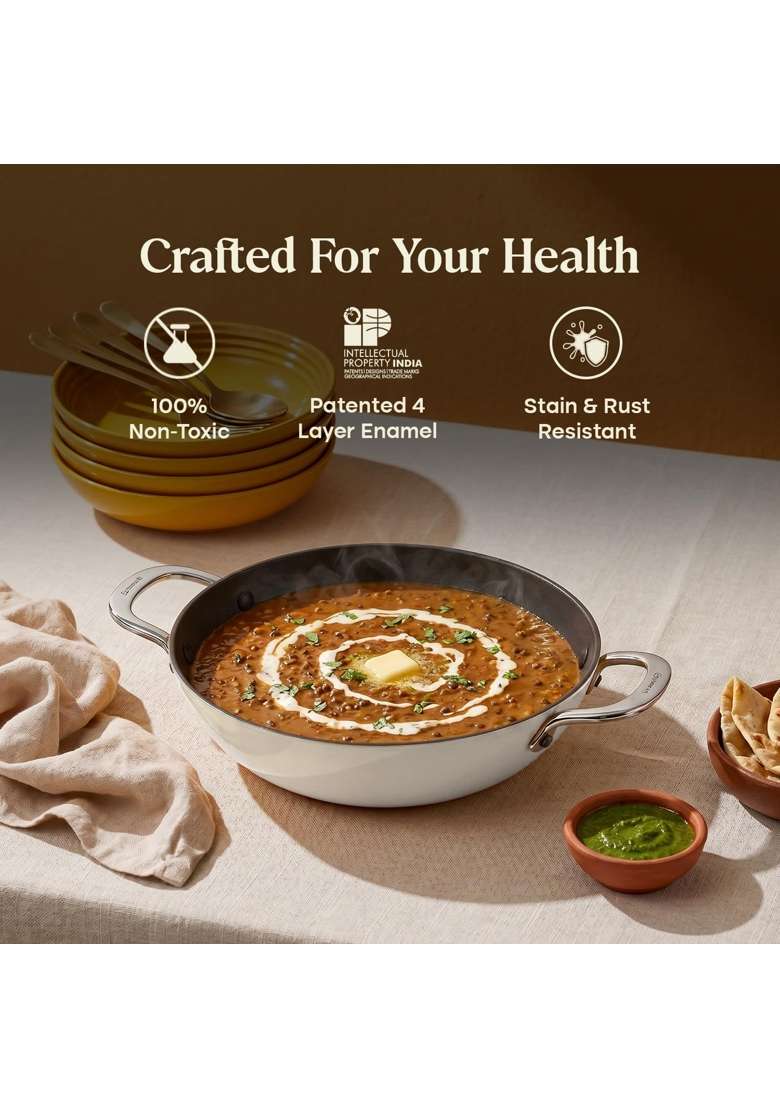 CUMIN CO. Enamel Cast Iron Kadai Wok LITE with Lid | 4 L | 4.2 Qt | 28 cm | 11 Inch | Induction Compatible | Heavy Bottom | Non-Toxic - Indya