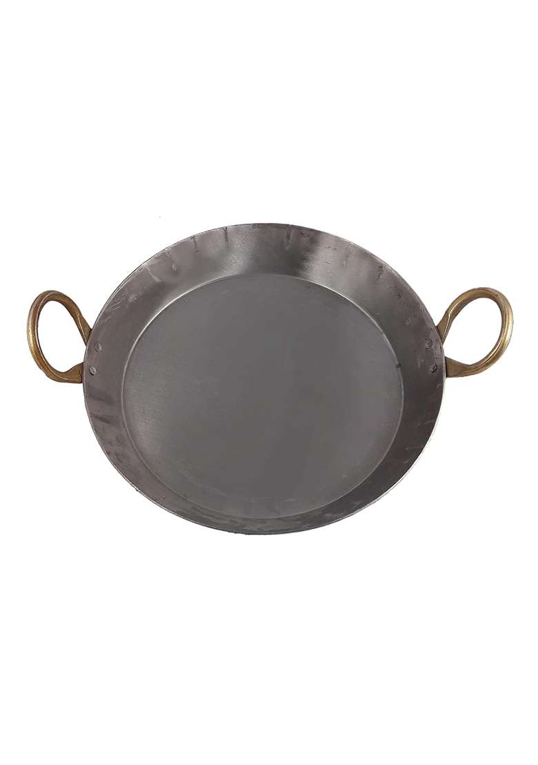 KITCHEN SHOPEE Induction Friendly Heavy Base Iron Flat Kadai Wok Fry Pan for Making Jalebi Dal | 2 L | 2.1 Qt | 25 cm | 9.8 Inch - Indya