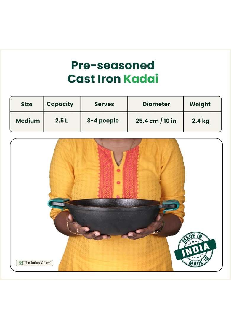The Indus Valley Pre-Seasoned Cast Iron Kadai with Silicone Grip | 2.5 L | 2.6 Qt | 25.4 cm | 10 Inch | Non-Toxic | Non-Stick - Indya