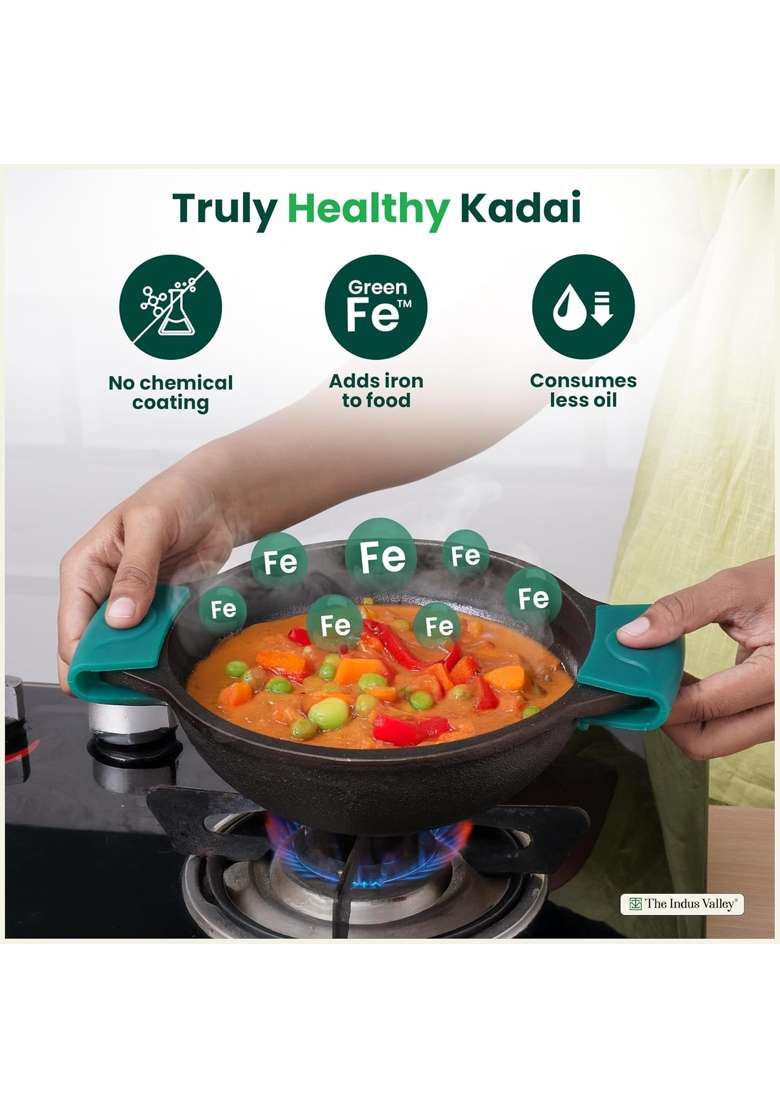 The Indus Valley Pre-Seasoned Cast Iron Kadai with Silicone Grip | 2.5 L | 2.6 Qt | 25.4 cm | 10 Inch | Non-Toxic | Non-Stick - Indya