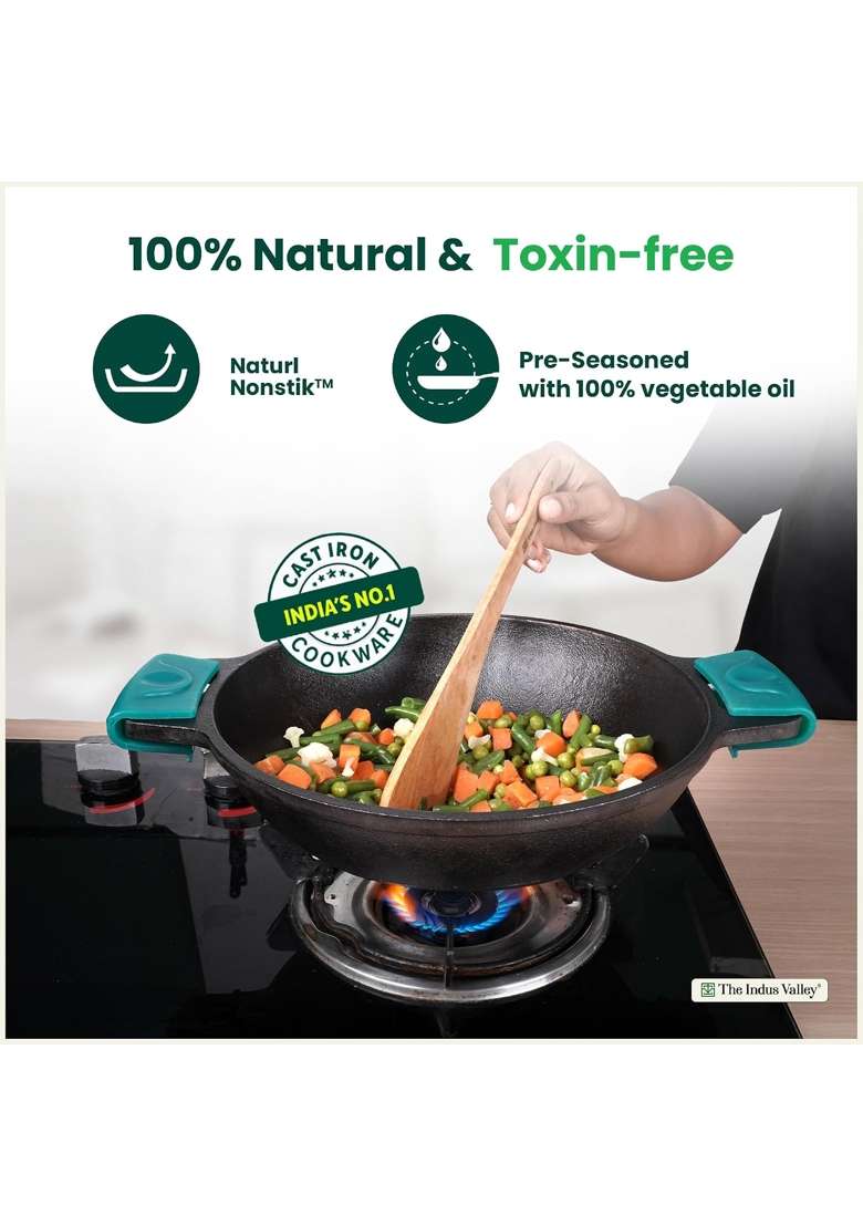 The Indus Valley Pre-Seasoned Cast Iron Kadai with Silicone Grip | 2.5 L | 2.6 Qt | 25.4 cm | 10 Inch | Non-Toxic | Non-Stick - Indya