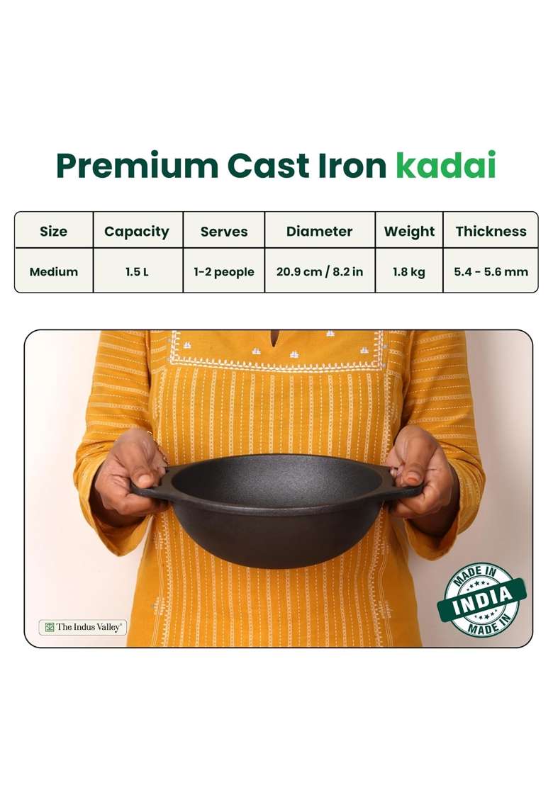 The Indus Valley Premium Cast Iron Kadai Wok with Flat Handles | 1.5 L | 1.6 Qt | 20.9 cm | 8.2 Inch | Non-Toxic | Pre-Seasoned | Non-Stick - Indya