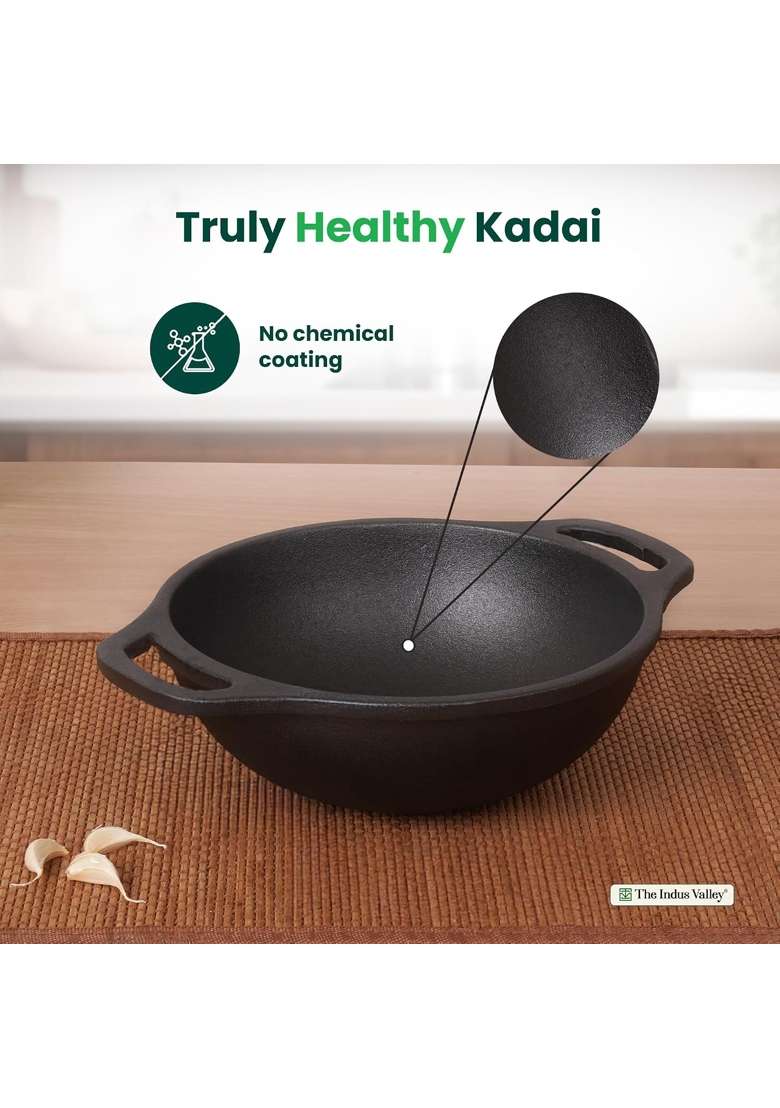 The Indus Valley Premium Cast Iron Kadai Wok with Flat Handles | 1.5 L | 1.6 Qt | 20.9 cm | 8.2 Inch | Non-Toxic | Pre-Seasoned | Non-Stick - Indya
