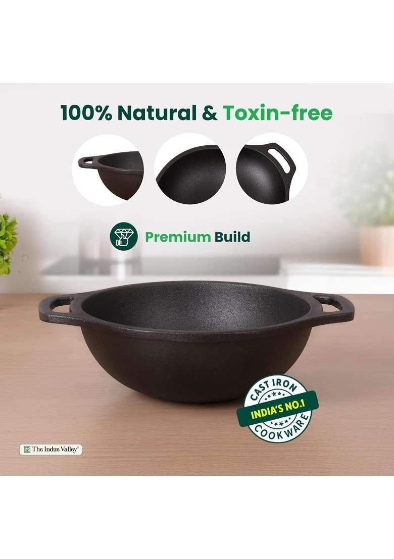 The Indus Valley Premium Cast Iron Kadai Wok with Flat Handles | 1.5 L | 1.6 Qt | 20.9 cm | 8.2 Inch | Non-Toxic | Pre-Seasoned | Non-Stick - Indya