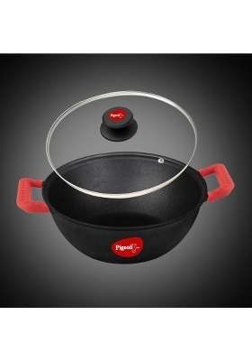 Pigeon By Stovekraft Cast Iron Kadai Wok with Glass Lid | 20 cm | 7.9 Inch | Non-Toxic | Pre-Seasoned | Non-Stick