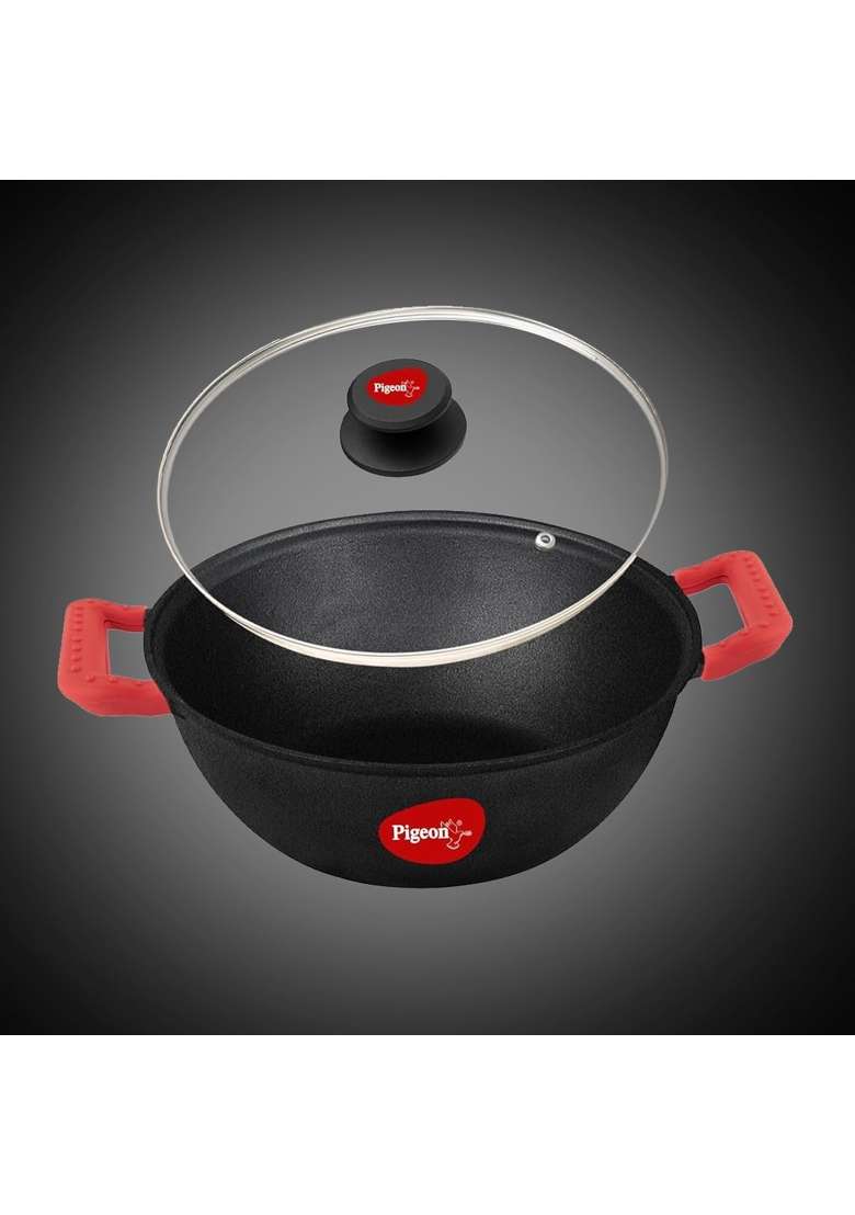 Pigeon By Stovekraft Cast Iron Kadai Wok with Glass Lid | 20 cm | 7.9 Inch | Non-Toxic | Pre-Seasoned | Non-Stick - Indya