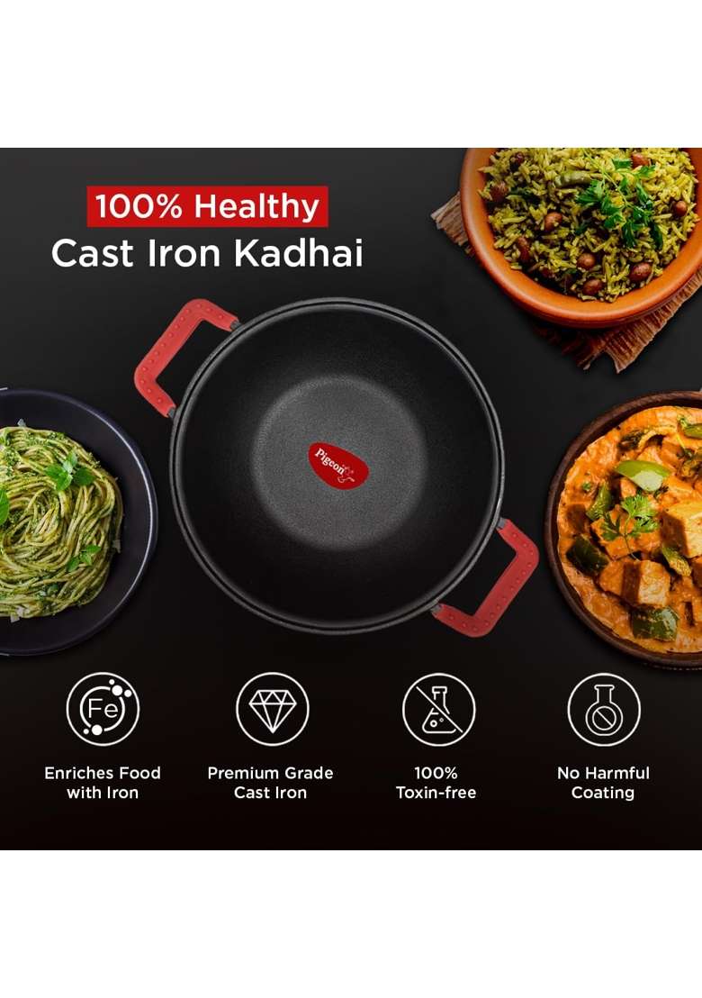 Pigeon By Stovekraft Cast Iron Kadai Wok with Glass Lid | 20 cm | 7.9 Inch | Non-Toxic | Pre-Seasoned | Non-Stick - Indya