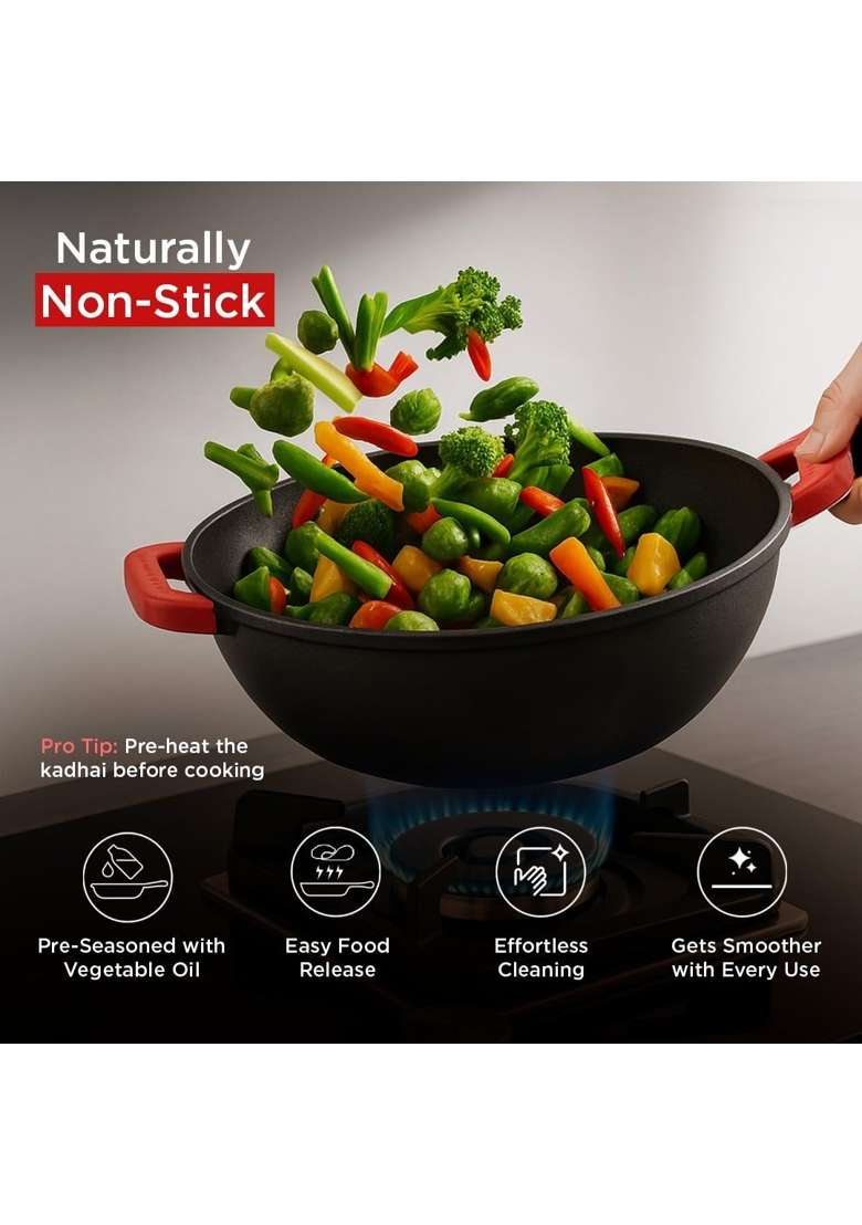 Pigeon By Stovekraft Cast Iron Kadai Wok with Glass Lid | 20 cm | 7.9 Inch | Non-Toxic | Pre-Seasoned | Non-Stick - Indya