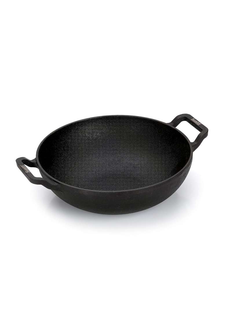 Sumeet Pre Seasoned Heavy Weight Cast Iron Deep Kadai Wok | 2000 ml | 67.6 fl oz | 23 cm | 9.1 Inch | Induction Compatible - Indya