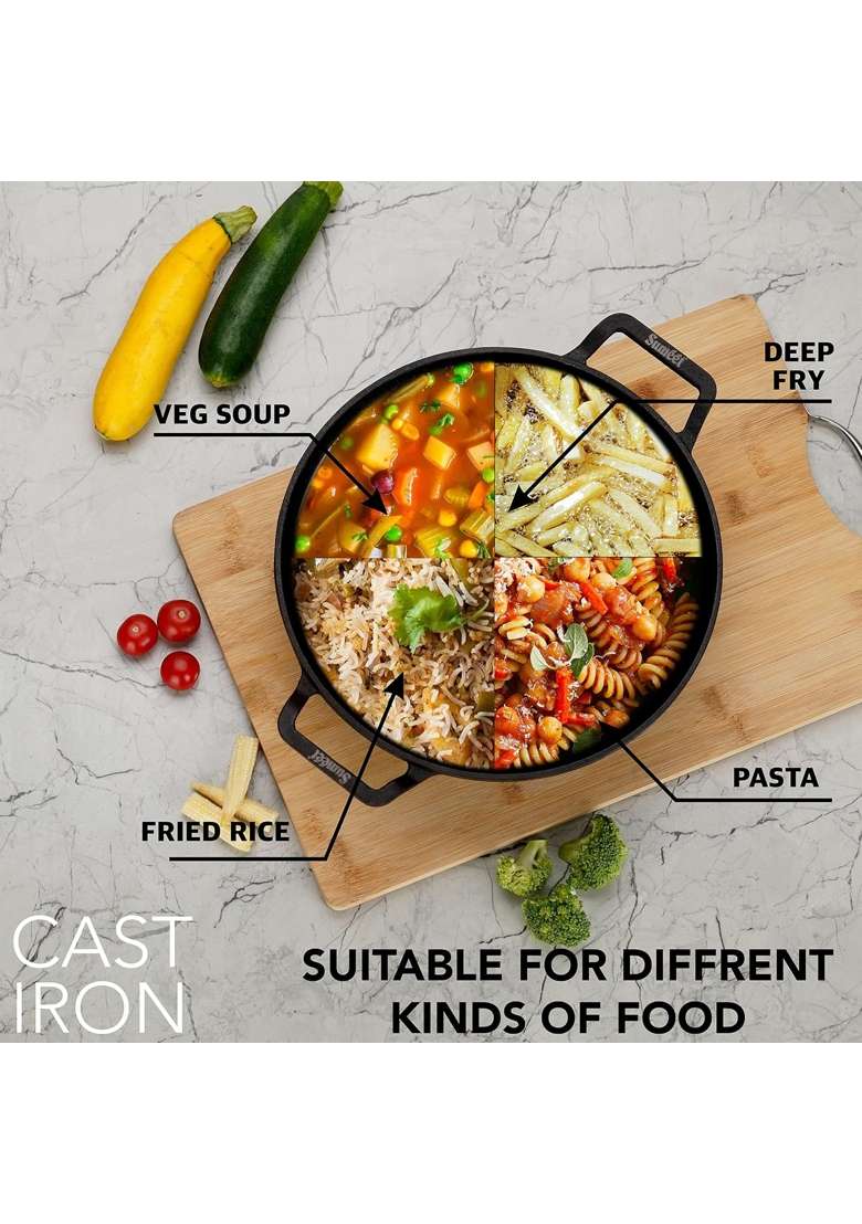Sumeet Pre Seasoned Heavy Weight Cast Iron Deep Kadai Wok | 2000 ml | 67.6 fl oz | 23 cm | 9.1 Inch | Induction Compatible - Indya