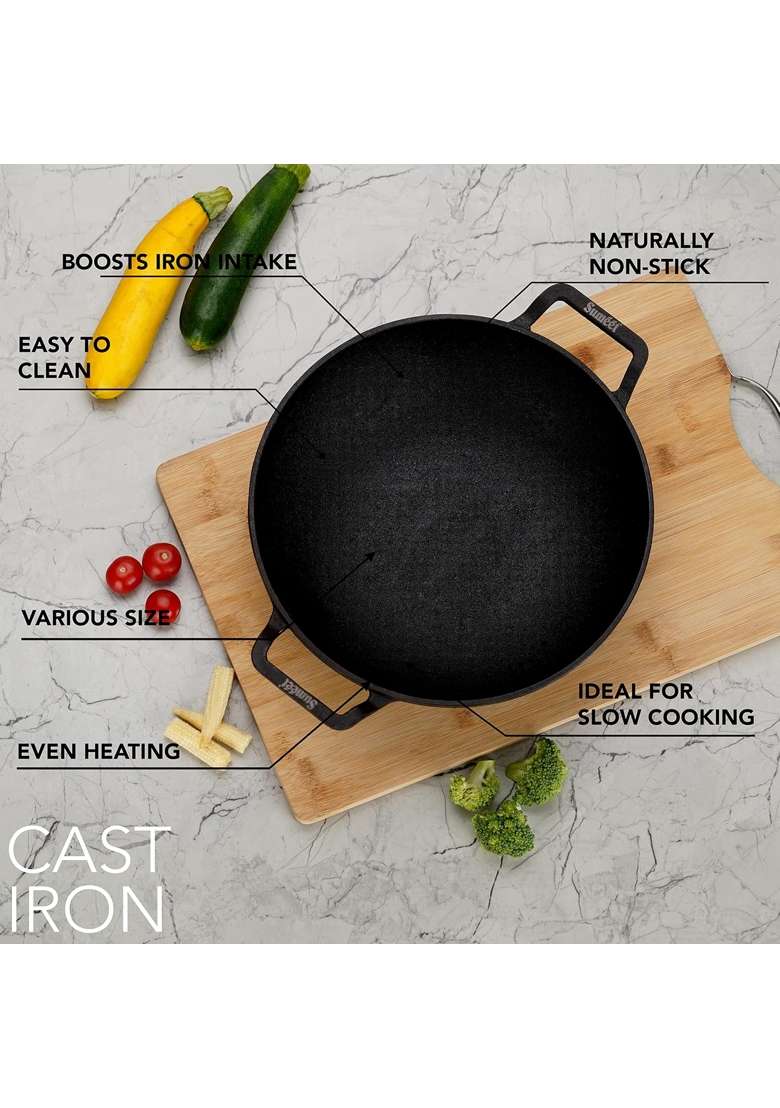 Sumeet Pre Seasoned Heavy Weight Cast Iron Deep Kadai Wok | 2000 ml | 67.6 fl oz | 23 cm | 9.1 Inch | Induction Compatible - Indya