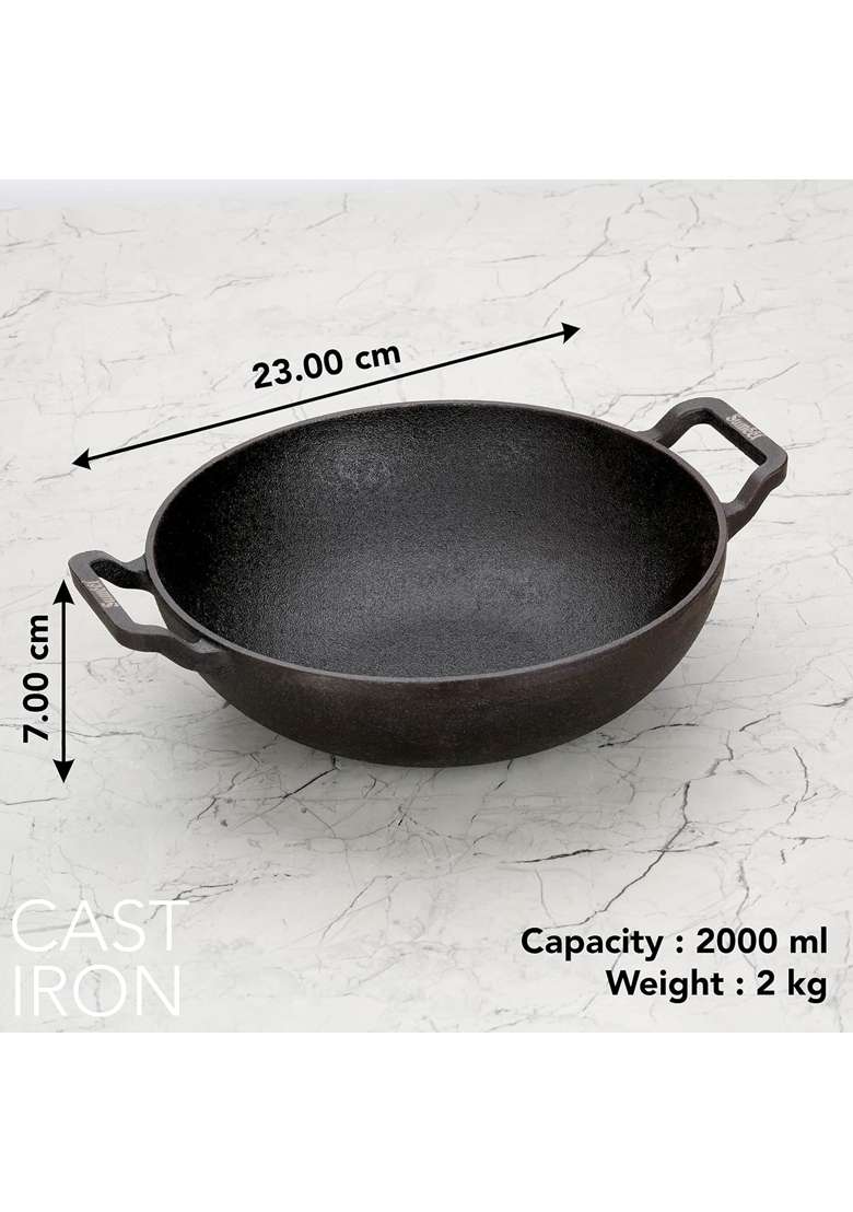 Sumeet Pre Seasoned Heavy Weight Cast Iron Deep Kadai Wok | 2000 ml | 67.6 fl oz | 23 cm | 9.1 Inch | Induction Compatible - Indya
