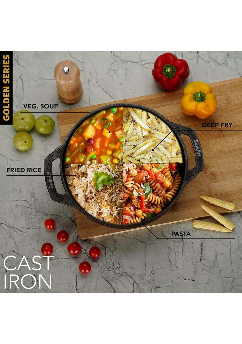 Sumeet Super Smooth Gold Series Pre Seasoned Cast Iron Kadai Wok for Cooking Deep Fry Saute | 2 L | 2.1 Qt | 22.5 cm | 8.9 Inch - Indya