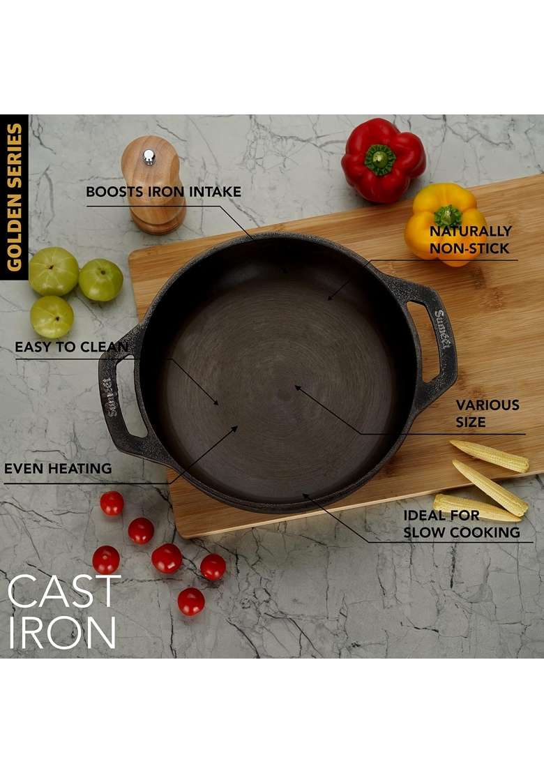 Sumeet Super Smooth Gold Series Pre Seasoned Cast Iron Kadai Wok for Cooking Deep Fry Saute | 2 L | 2.1 Qt | 22.5 cm | 8.9 Inch - Indya