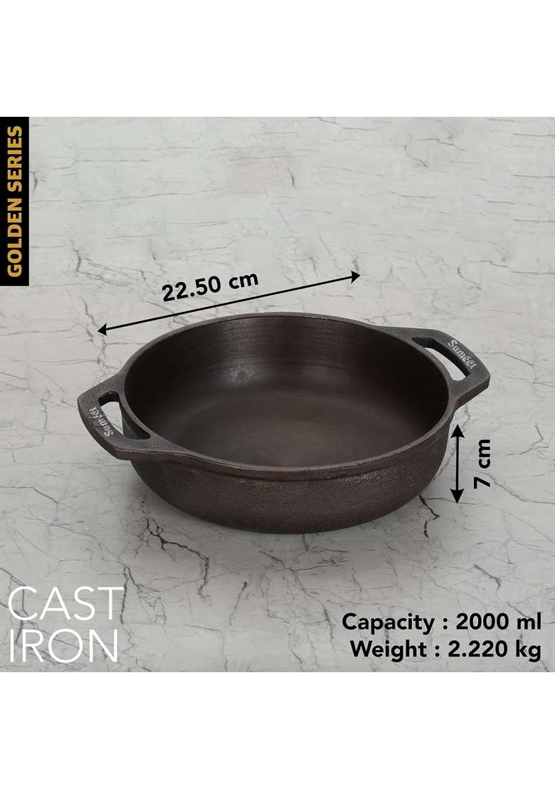 Sumeet Super Smooth Gold Series Pre Seasoned Cast Iron Kadai Wok for Cooking Deep Fry Saute | 2 L | 2.1 Qt | 22.5 cm | 8.9 Inch - Indya