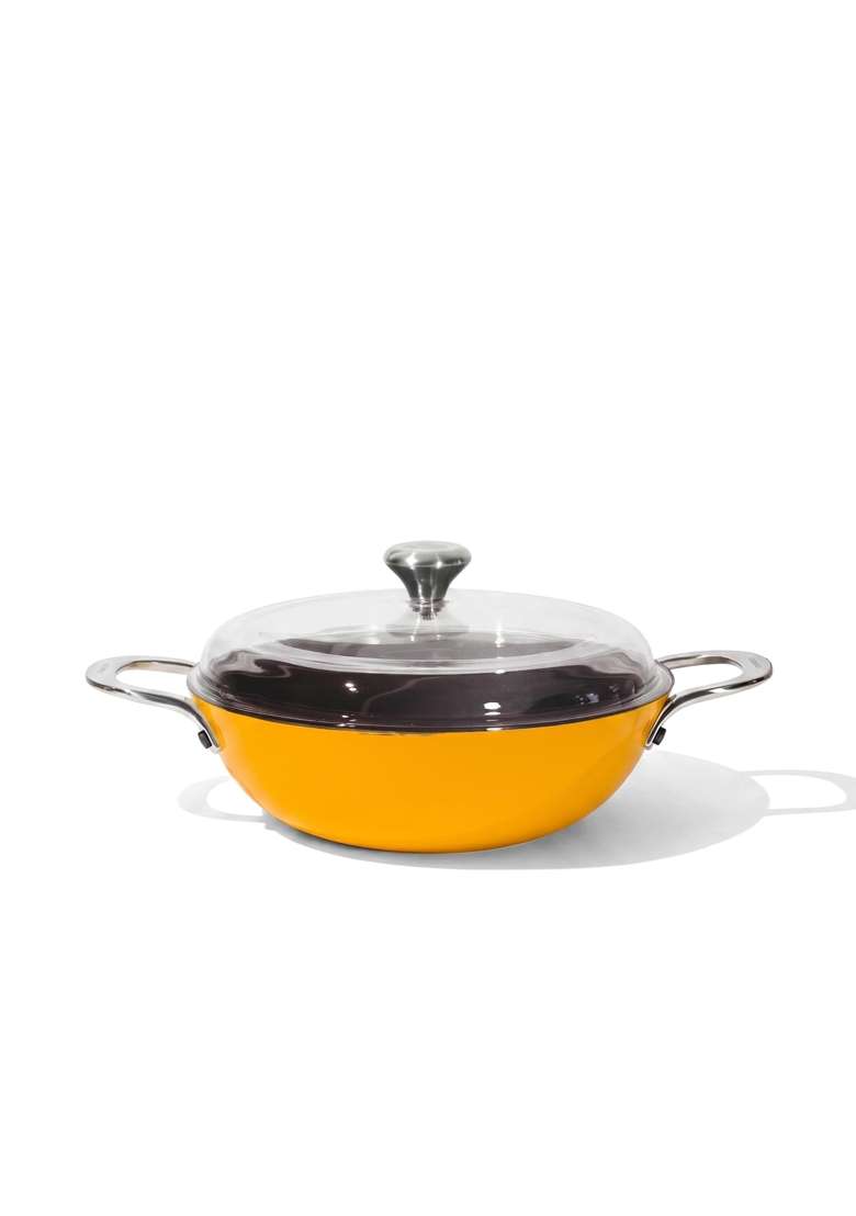 CUMIN CO. Enamel Cast Iron Kadai Wok LITE with Lid | 5.5 L | 5.8 Qt | 32 cm | 12.6 Inch | Induction Compatible | Heavy Bottom | Non-Toxic - Indya