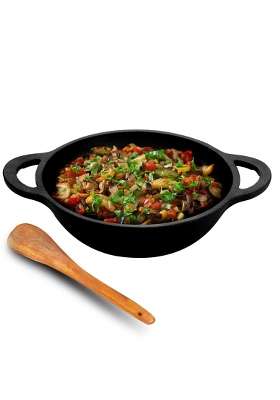 Lifelong Cast Iron Kadhai Wok with Wooden Spatula | 1.8 L | 1.9 Qt | 20 cm | 7.9 Inch | Pre-Seasoned | Non-Stick