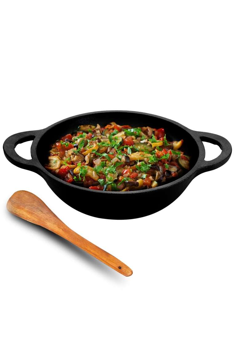 Lifelong Cast Iron Kadhai Wok with Wooden Spatula | 1.8 L | 1.9 Qt | 20 cm | 7.9 Inch | Pre-Seasoned | Non-Stick - Indya