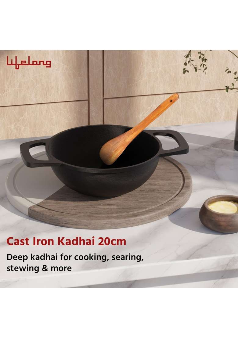 Lifelong Cast Iron Kadhai Wok with Wooden Spatula | 1.8 L | 1.9 Qt | 20 cm | 7.9 Inch | Pre-Seasoned | Non-Stick - Indya