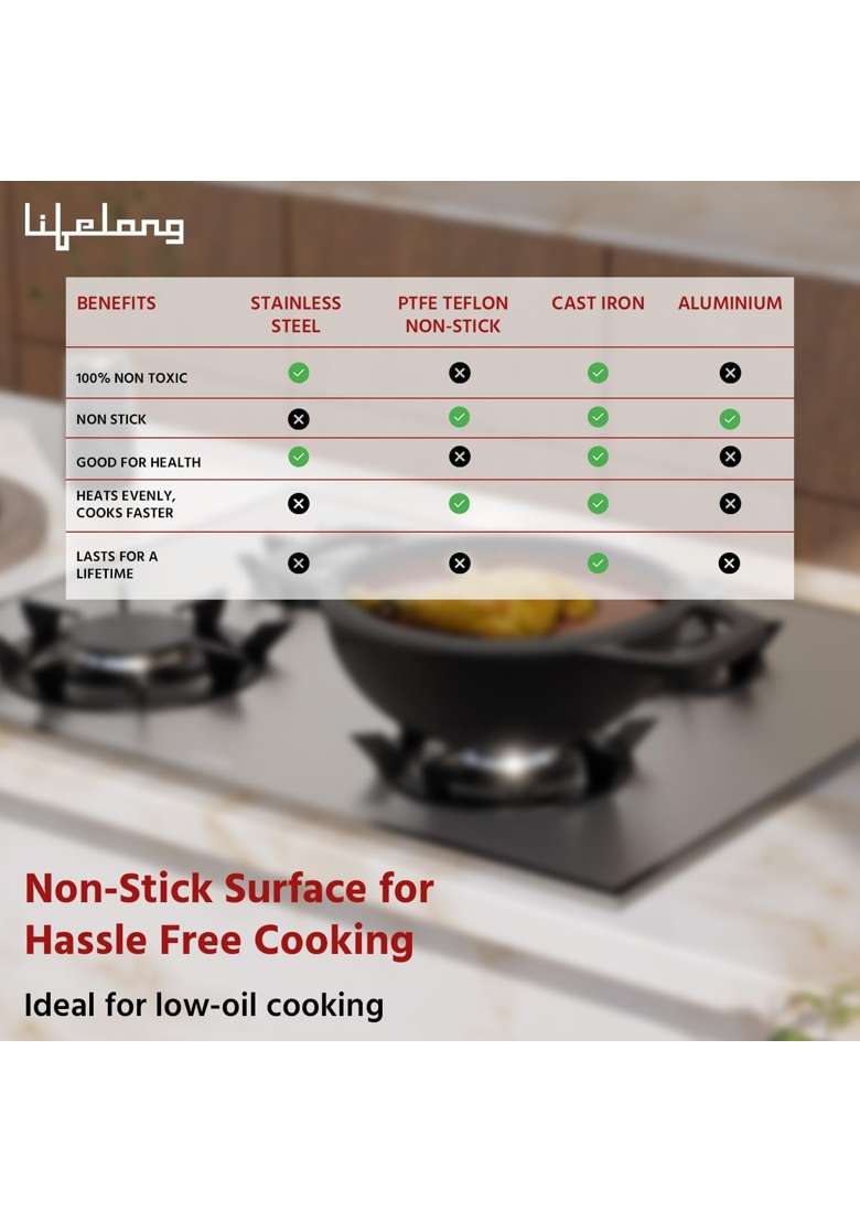 Lifelong Cast Iron Kadhai Wok with Wooden Spatula | 1.8 L | 1.9 Qt | 20 cm | 7.9 Inch | Pre-Seasoned | Non-Stick - Indya