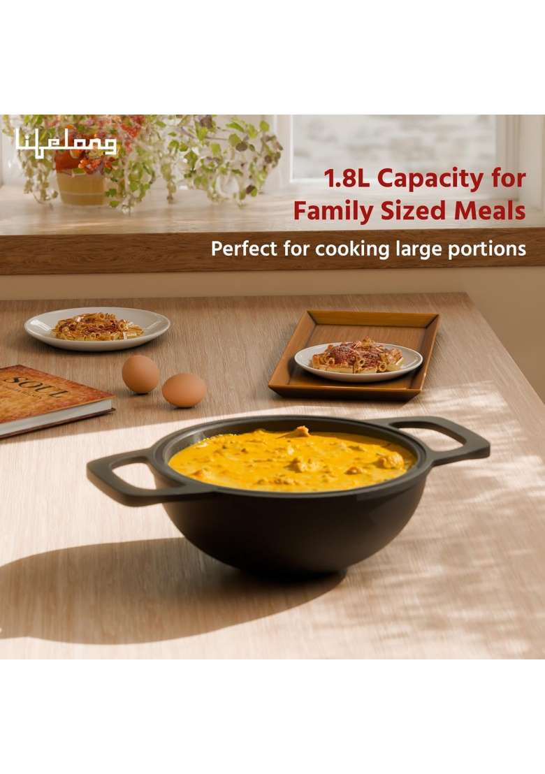 Lifelong Cast Iron Kadhai Wok with Wooden Spatula | 1.8 L | 1.9 Qt | 20 cm | 7.9 Inch | Pre-Seasoned | Non-Stick - Indya