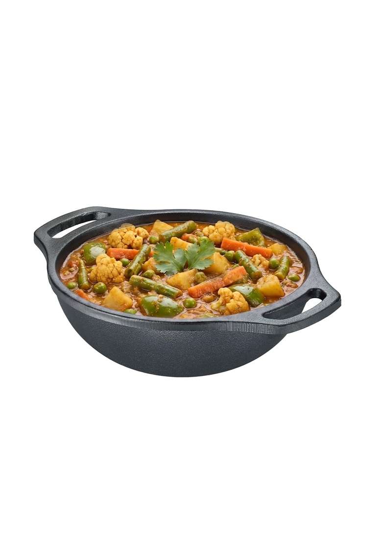 Prestige Neocast Flo Smooth Finish Cast Iron Kadhai Wok Black | 2 L | 2.1 Qt | 24 cm | 9.4 Inch | Induction Compatible - Indya