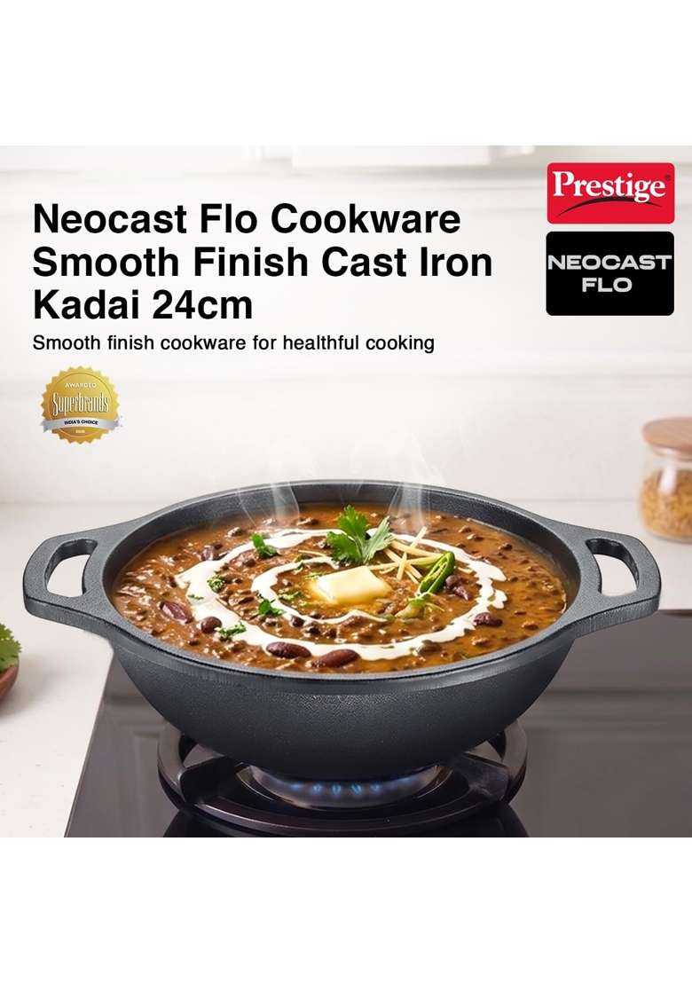 Prestige Neocast Flo Smooth Finish Cast Iron Kadhai Wok Black | 2 L | 2.1 Qt | 24 cm | 9.4 Inch | Induction Compatible - Indya