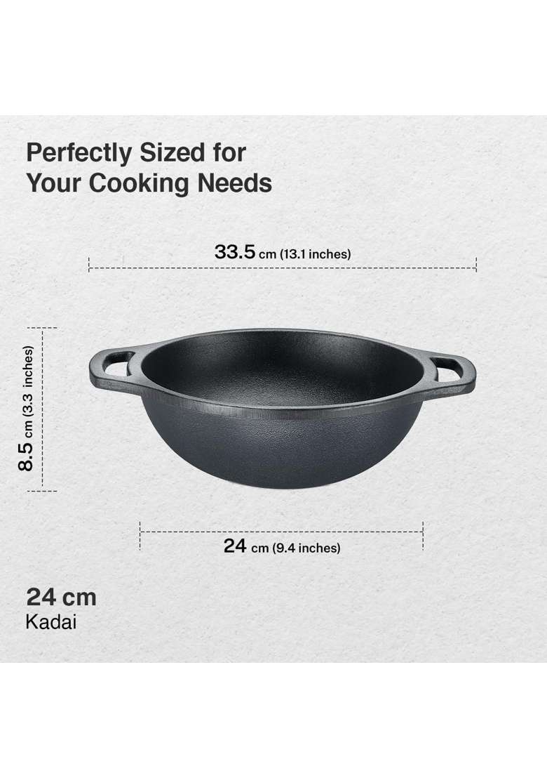 Prestige Neocast Flo Smooth Finish Cast Iron Kadhai Wok Black | 2 L | 2.1 Qt | 24 cm | 9.4 Inch | Induction Compatible - Indya