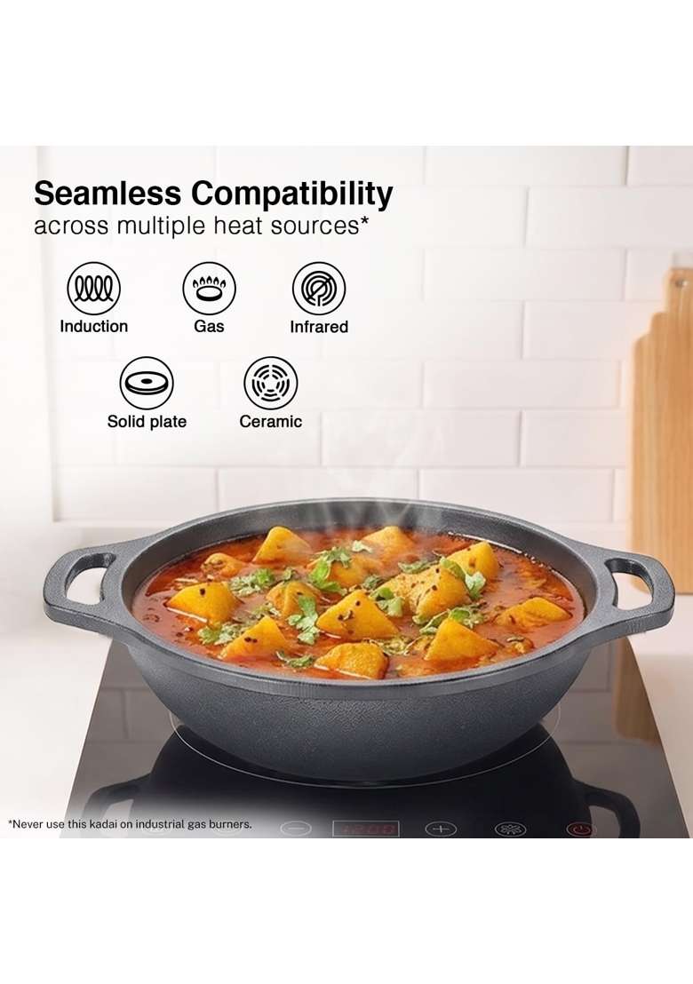 Prestige Neocast Flo Smooth Finish Cast Iron Kadhai Wok Black | 2 L | 2.1 Qt | 24 cm | 9.4 Inch | Induction Compatible - Indya