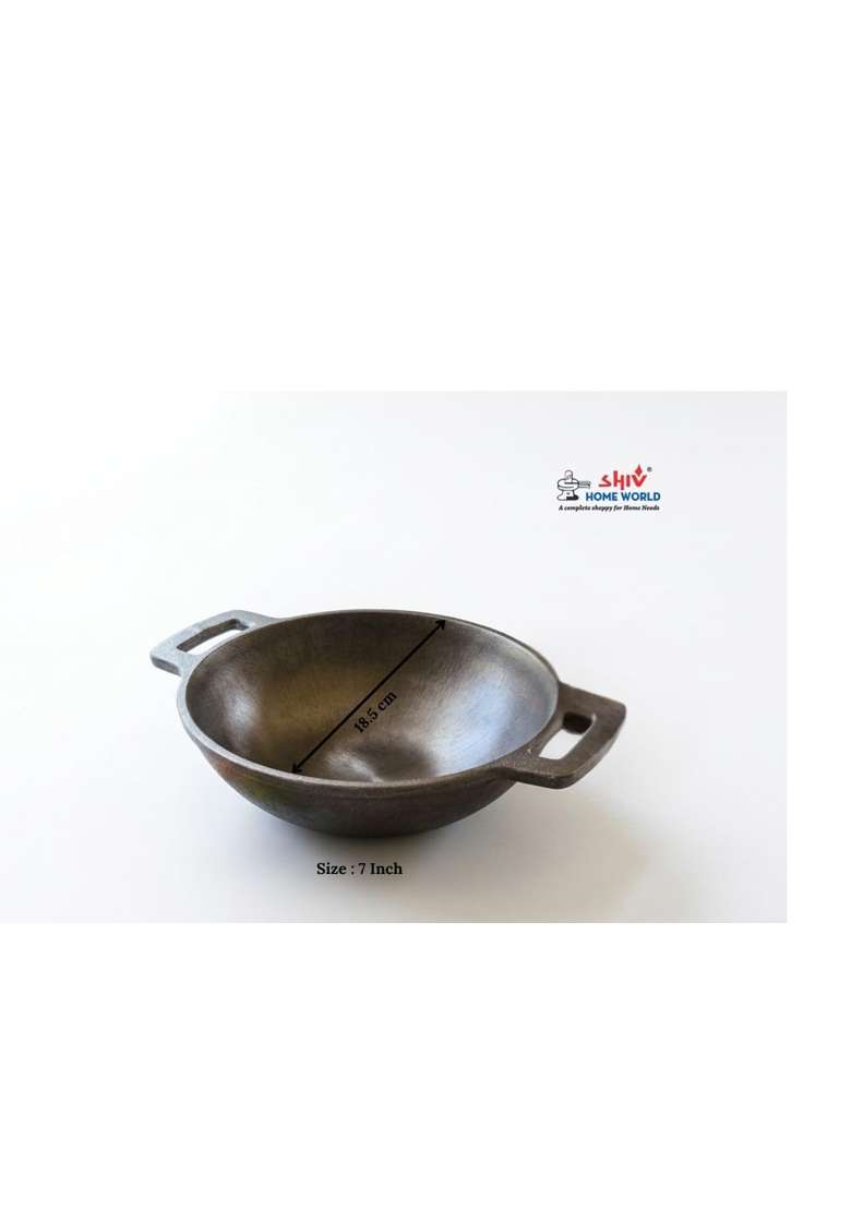 SHIV HOME WORLD Pre-Seasoned Cast Iron Kadai with Dual Handles | 18.5 cm | 7.3 Inch | Induction Compatible | Non-Stick - Indya