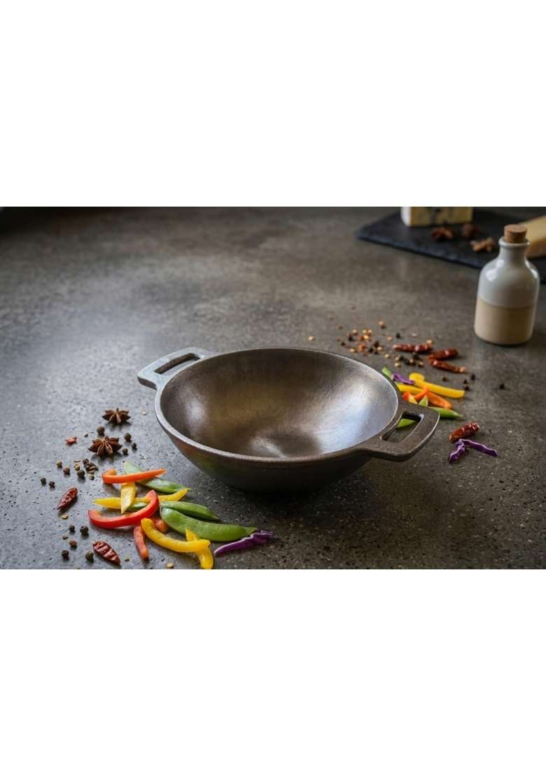 SHIV HOME WORLD Pre-Seasoned Cast Iron Kadai with Dual Handles | 18.5 cm | 7.3 Inch | Induction Compatible | Non-Stick - Indya