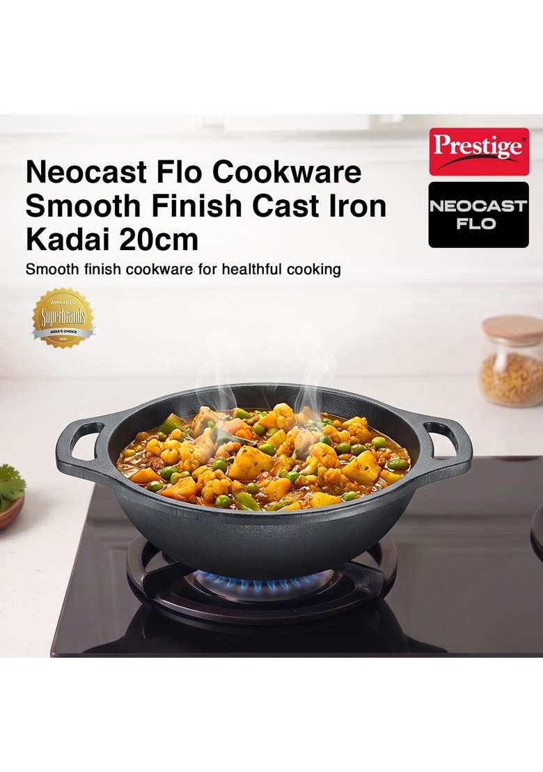 Prestige Neocast Flo Smooth Finish Cast Iron Kadhai Wok Black | 1 L | 1.1 Qt | 20 cm | 7.9 Inch | Induction Compatible - Indya
