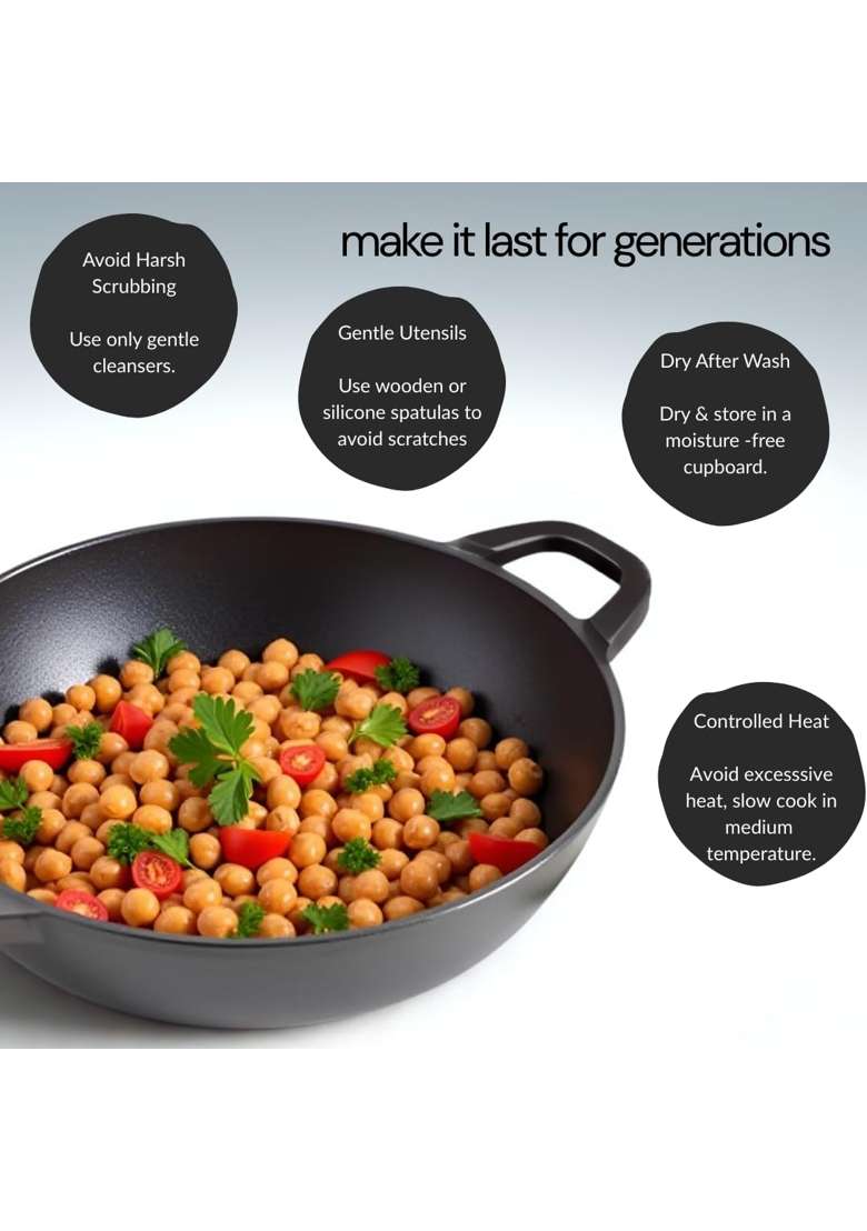 NUTRION Pre Seasoned Cast Iron Kadai | 1.5 L | 1.6 Qt | 8 Inch | Induction Compatible | Non-Toxic | Non-Stick - Indya