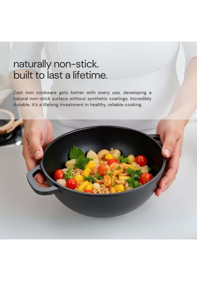 NUTRION Pre Seasoned Cast Iron Kadai | 1.5 L | 1.6 Qt | 8 Inch | Induction Compatible | Non-Toxic | Non-Stick - Indya