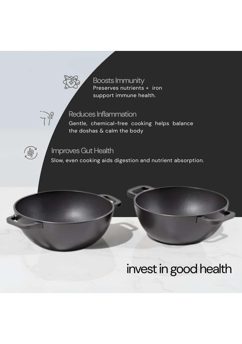 NUTRION Pre Seasoned Cast Iron Kadai | 1.5 L | 1.6 Qt | 8 Inch | Induction Compatible | Non-Toxic | Non-Stick - Indya