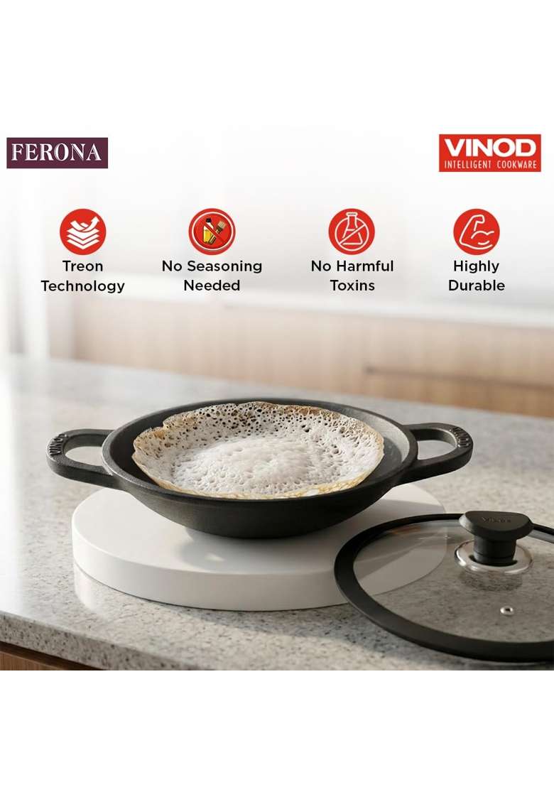 Vinod Ferona Cast Iron Appachetty with Glass Lid | 1.2 L | 1.3 Qt | 22 cm | 8.7 Inch | Induction Compatible - Indya