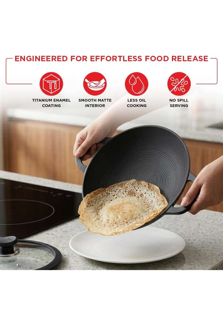 Vinod Ferona Cast Iron Appachetty with Glass Lid | 1.2 L | 1.3 Qt | 22 cm | 8.7 Inch | Induction Compatible - Indya