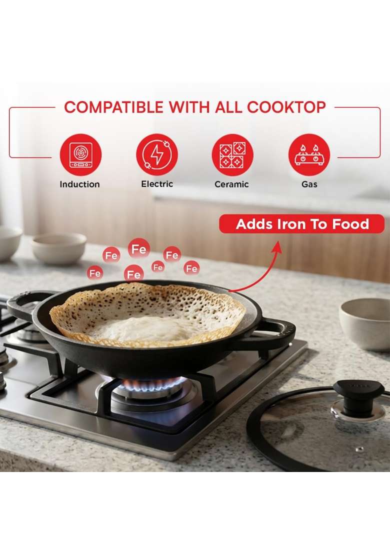 Vinod Ferona Cast Iron Appachetty with Glass Lid | 1.2 L | 1.3 Qt | 22 cm | 8.7 Inch | Induction Compatible - Indya