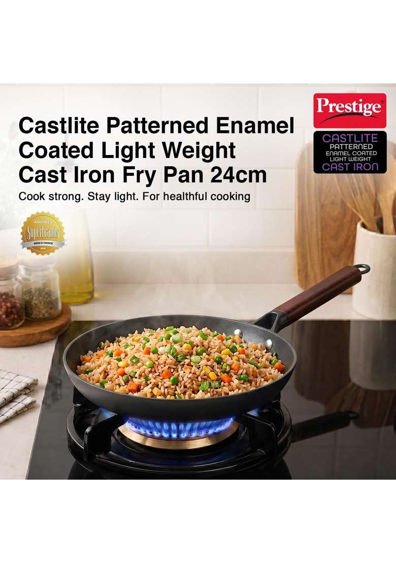 Prestige Castlite Patterned Enamel Coated Cast Iron Fry Pan | 1.5 L | 1.6 Qt | 24 cm | 9.4 Inch | Induction Compatible | Rust Resistant - Indya