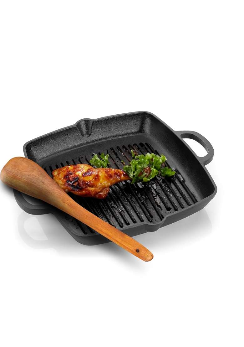 Lifelong Cast Iron Grill Pan with Wooden Spatula | 2 L | 2.1 Qt | Pre-Seasoned | Non-Stick - Indya