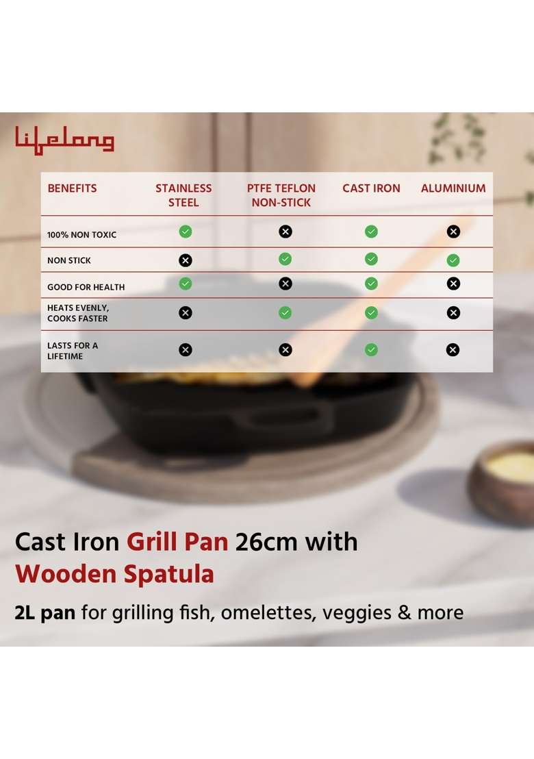 Lifelong Cast Iron Grill Pan with Wooden Spatula | 2 L | 2.1 Qt | Pre-Seasoned | Non-Stick - Indya