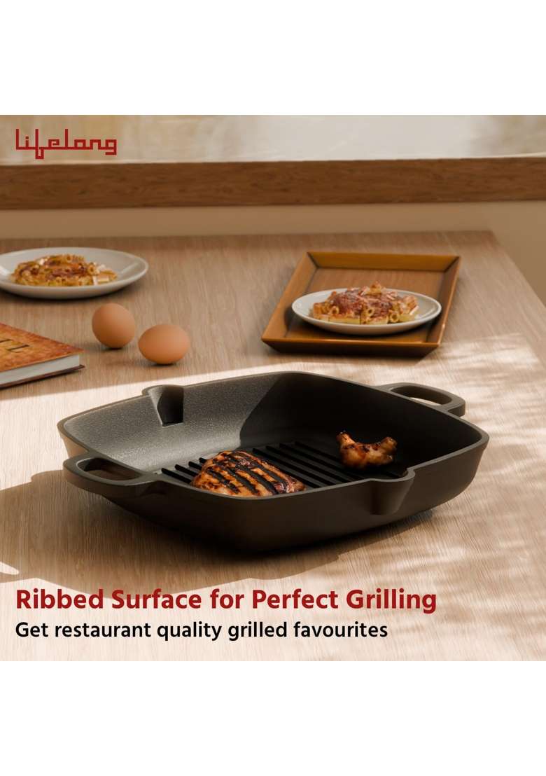 Lifelong Cast Iron Grill Pan with Wooden Spatula | 2 L | 2.1 Qt | Pre-Seasoned | Non-Stick - Indya