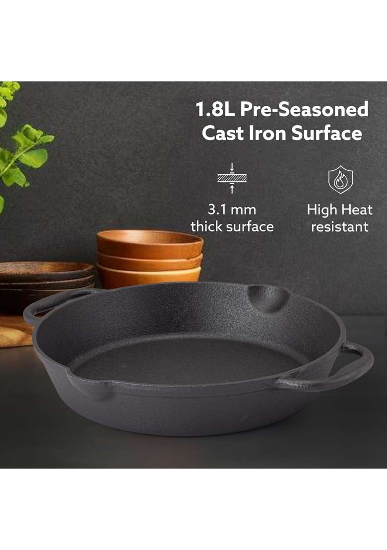 AGARO Royal Pre Seasoned Cast Iron Deep Fry Pan | 1.8 L | 1.9 Qt | 25 cm | 9.8 Inch | Induction Compatible - Indya