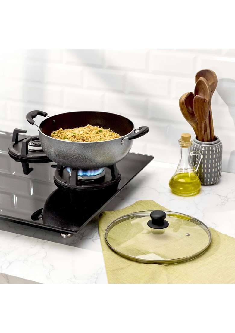 Solimo Amazon Solimo Non-Stick Kadhai Wok with Glass Lid | 4 L | 4.2 Qt | 26 cm | 10.2 Inch - Indya