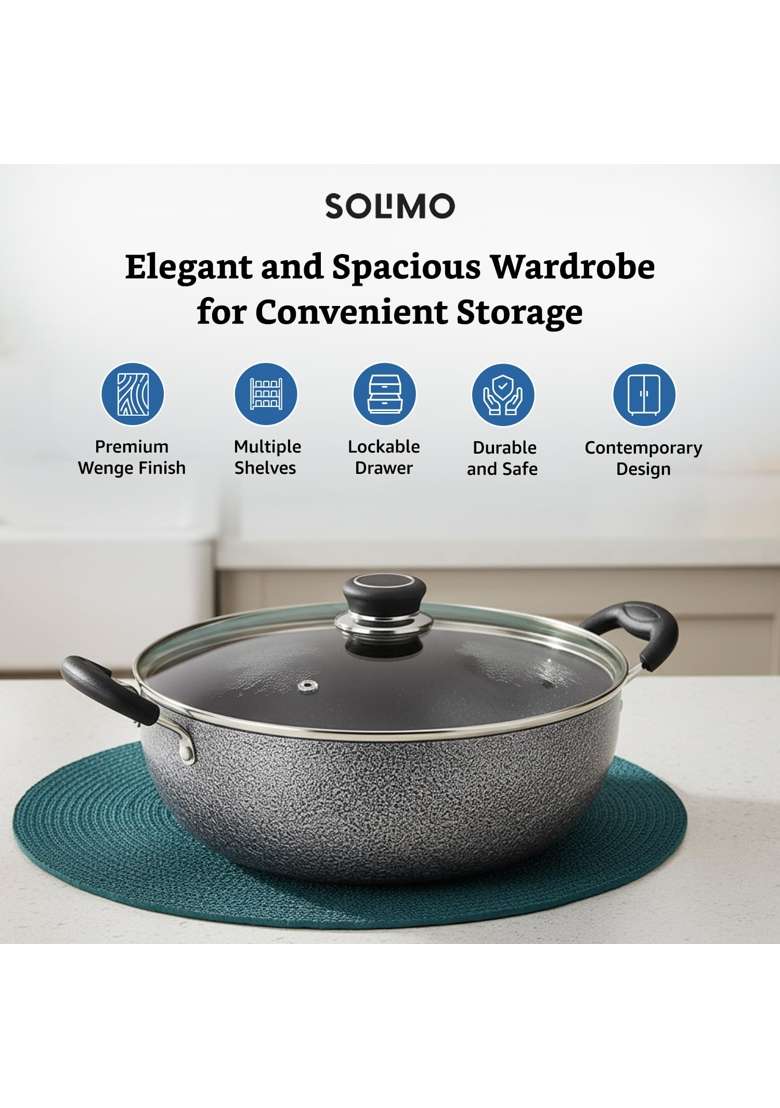 Solimo Amazon Solimo Non-Stick Kadhai Wok with Glass Lid | 4 L | 4.2 Qt | 26 cm | 10.2 Inch - Indya