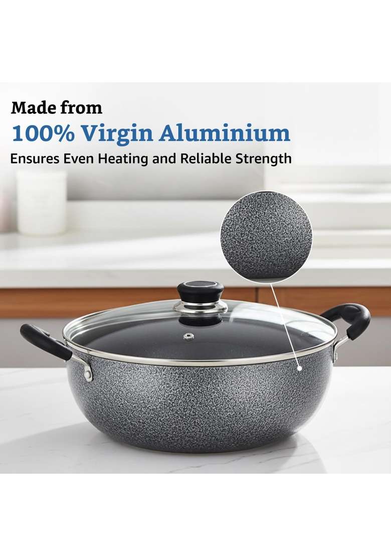 Solimo Amazon Solimo Non-Stick Kadhai Wok with Glass Lid | 4 L | 4.2 Qt | 26 cm | 10.2 Inch - Indya