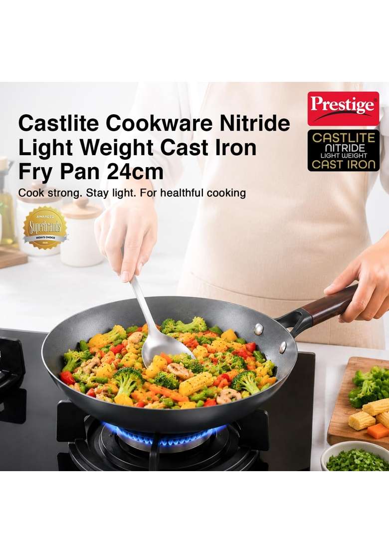 Prestige Castlite Nitride Cast Iron Fry Pan | 1.5 L | 1.6 Qt | 24 cm | 9.4 Inch | Induction Compatible | Non-Toxic | Rust Resistant - Indya