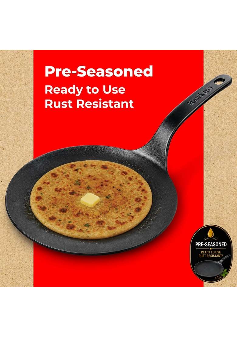 Hawkins Cast Iron Tava Flat Griddle | 26 cm | 10.2 Inch | Induction Compatible | Pre-Seasoned | Non-Stick - Indya